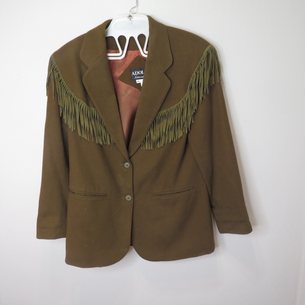 Adolfo International Womens 6 Wool Fringe Western Blazer Olive Brown Vintage